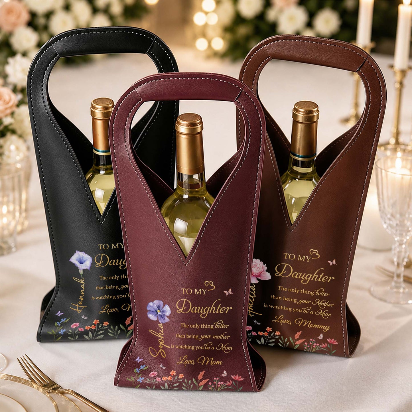 To My Daughter The Only Thing Better Flower Design - Personalized Custom Leather Wine Bag - DAU079_LWIB