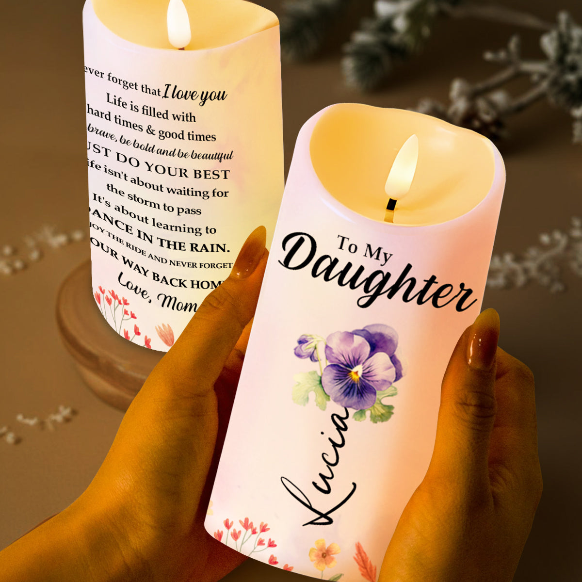 À ma fille, apprends à danser sous la pluie, pour toujours et à jamais ! Bougie LED personnalisée - DAU105_LECA