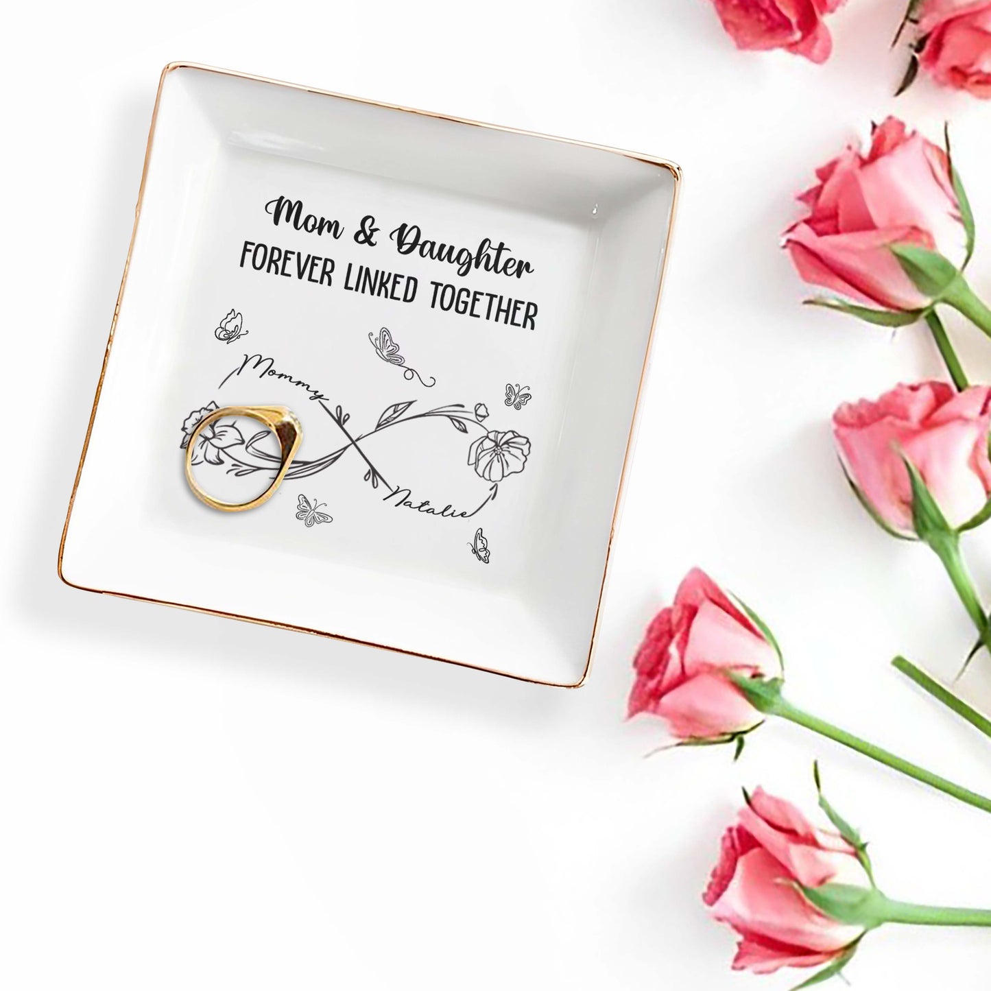 Mom & Daughter Forever Linked Together With Flowers And Butterflies
