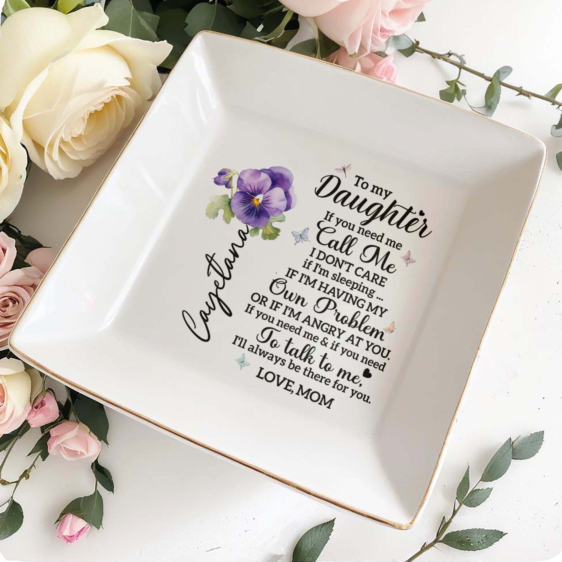 To My Daughter Call Me Love Mom Pansy Flower Ceramic Dish