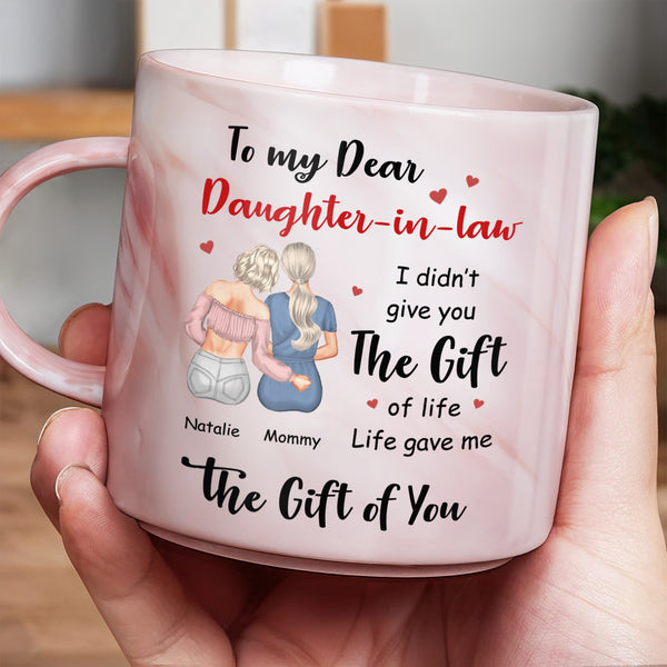 Para mi querida nuera: El regalo de la vida - Taza personalizada de mármol rosa - DAU125_PMAM