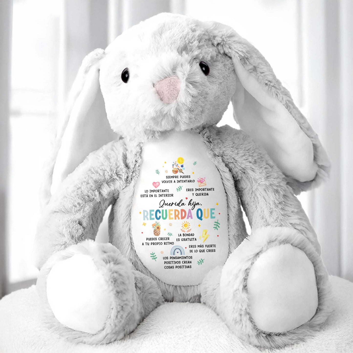 Querida Hija, Recuerda Que Siempre Podrás Contar Conmigo, Soleil, Fleurs, Coeurs - Lapin en peluche personnalisé - DAU153_BUN