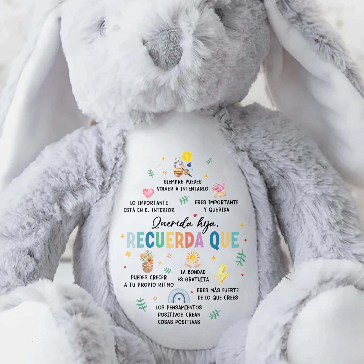 Querida Hija, Recuerda Que Siempre Podrás Contar Conmigo, Soleil, Fleurs, Coeurs - Lapin en peluche personnalisé - DAU153_BUN