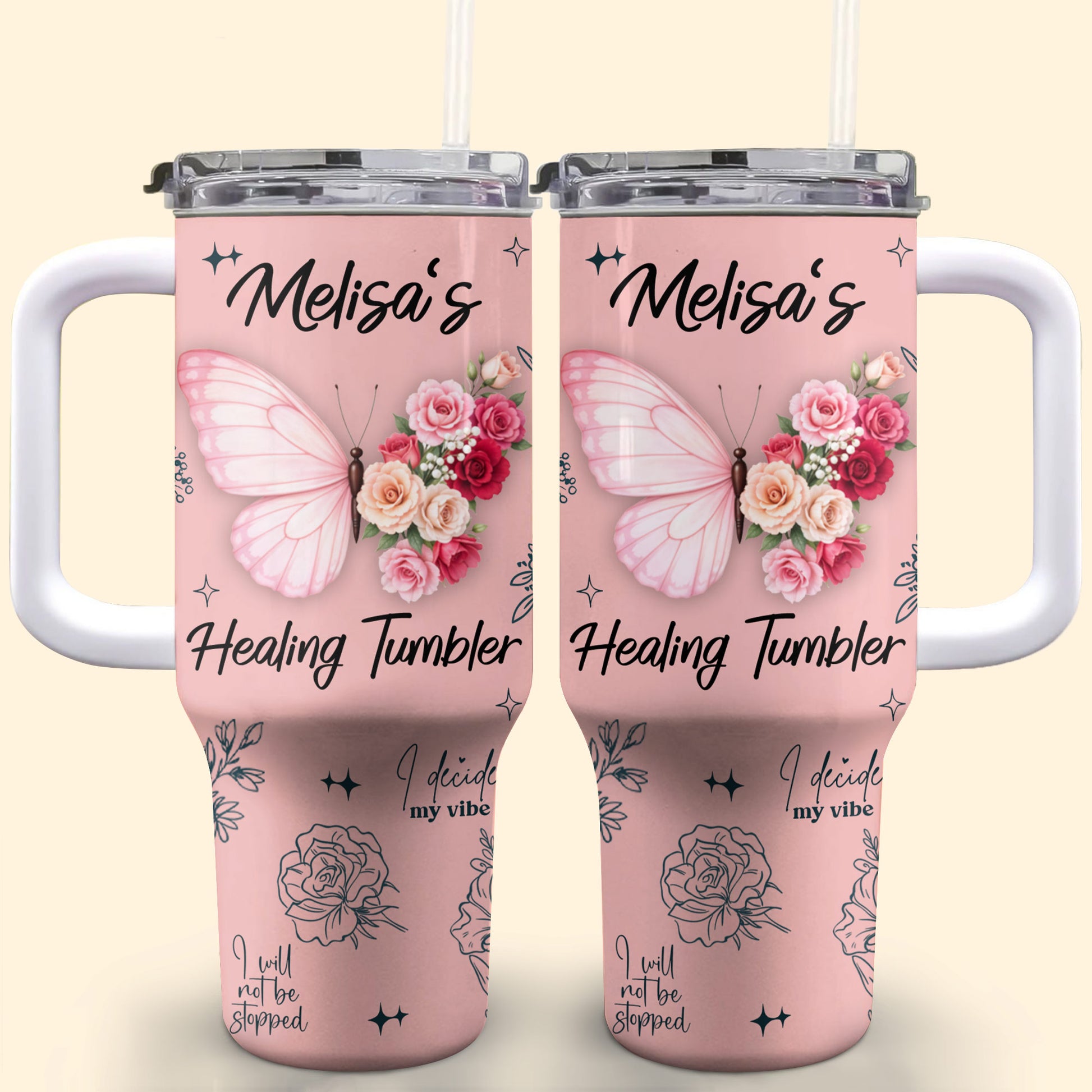 Melisa's Healing Tumbler, Butterfly and Roses