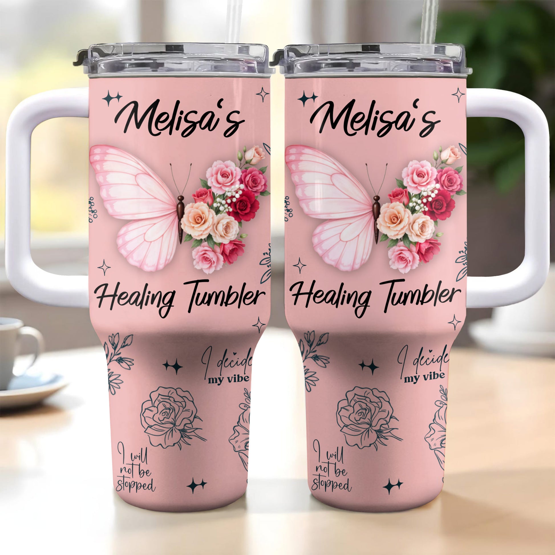 Melisa's Healing Tumbler, Butterfly and Roses