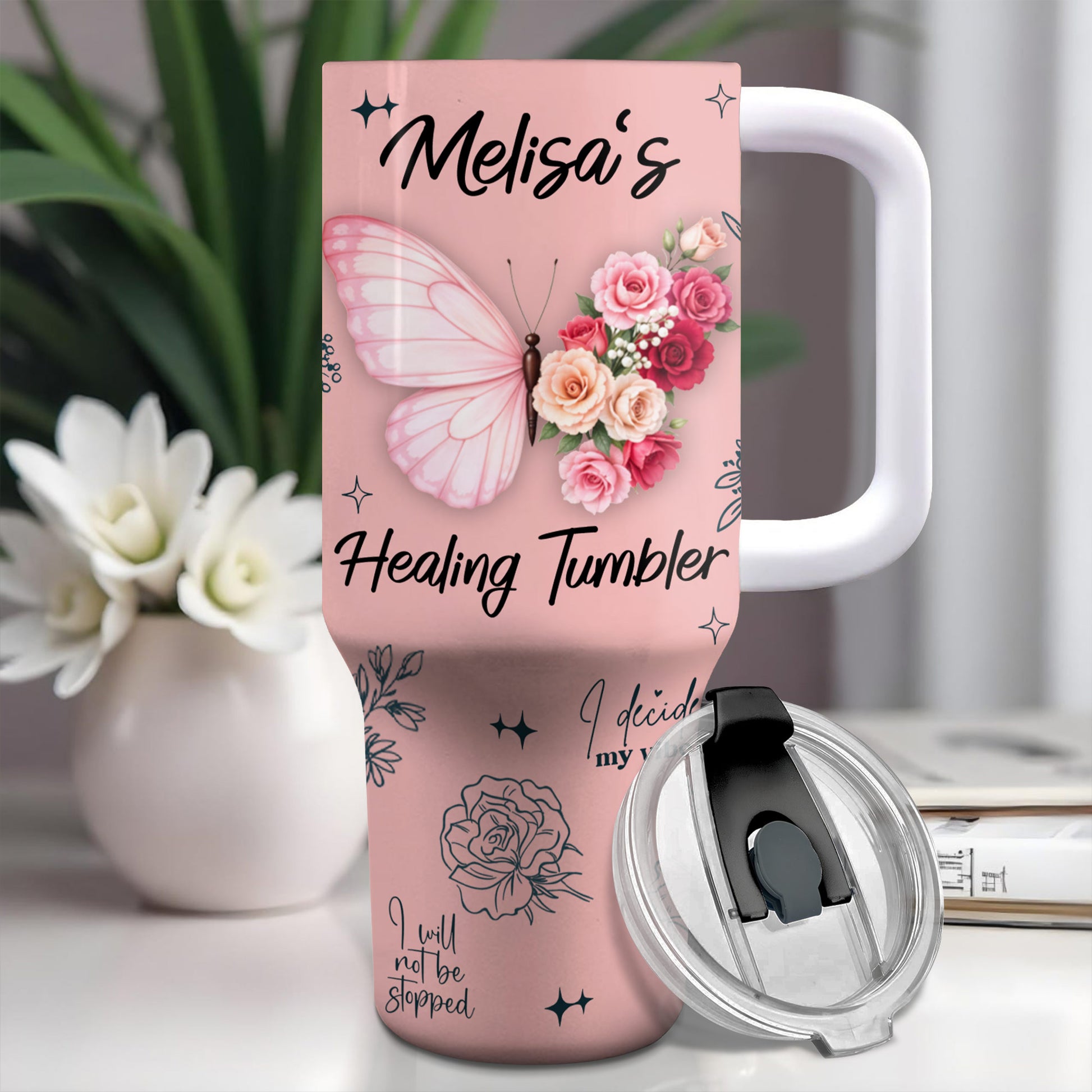 Melisa's Healing Tumbler, Butterfly and Roses