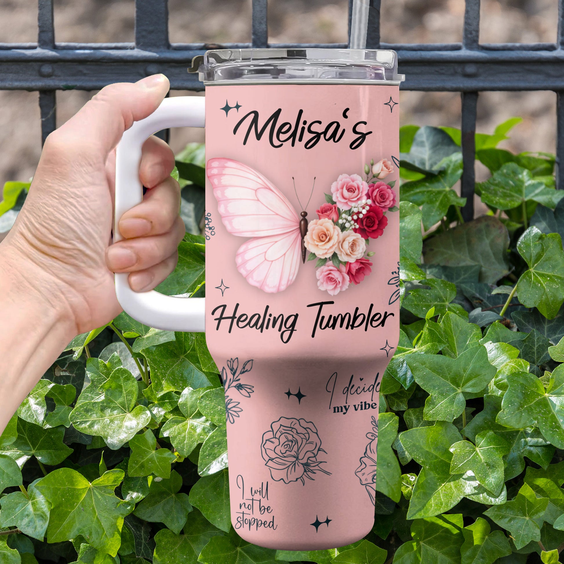 Melisa's Healing Tumbler, Butterfly and Roses