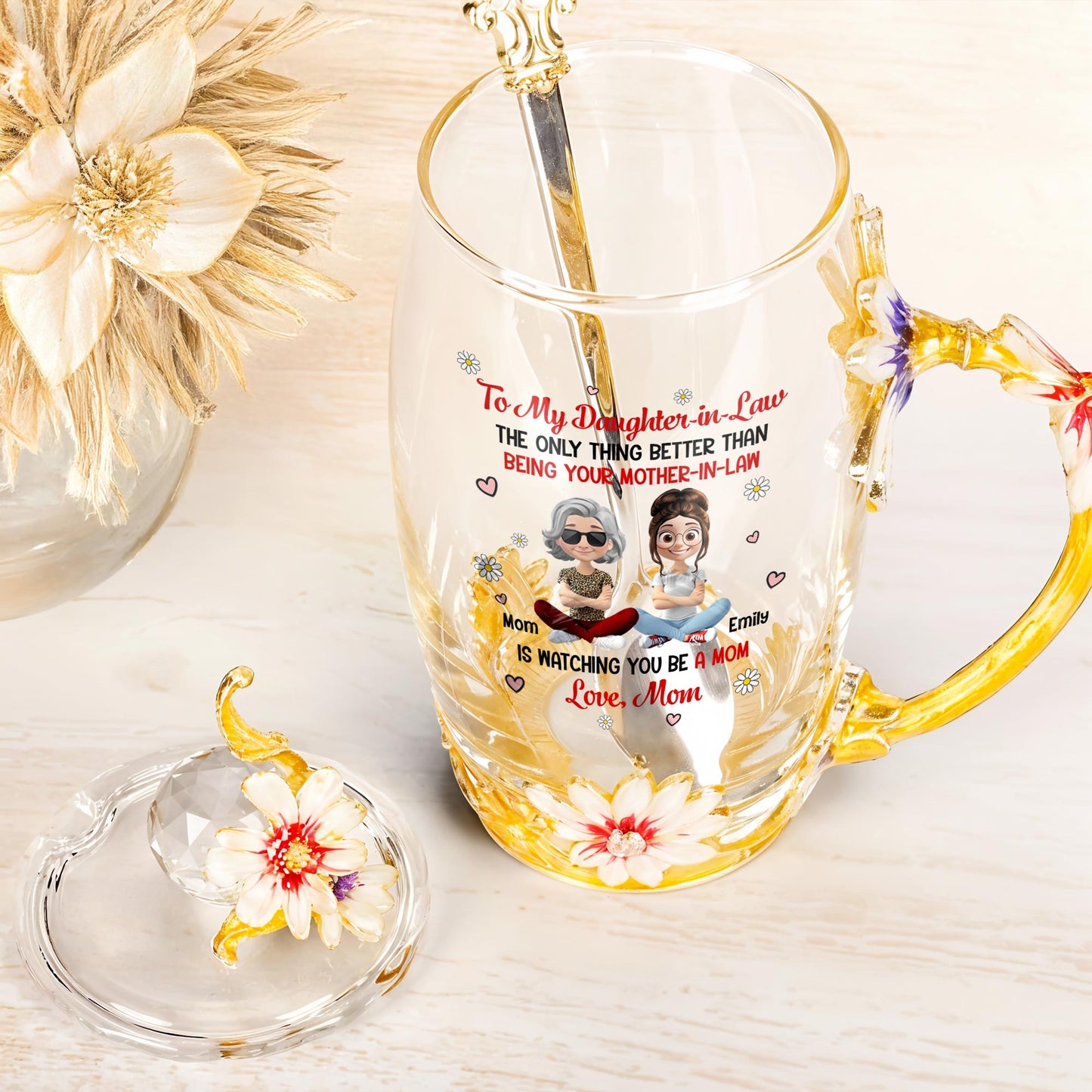 To My Daughter-In-Law, The Only Thing Better Than Being Your Mother-In-Law, Flowers and Hearts - Personalized Enamel Flower Tea Cup - DAU168_TECU