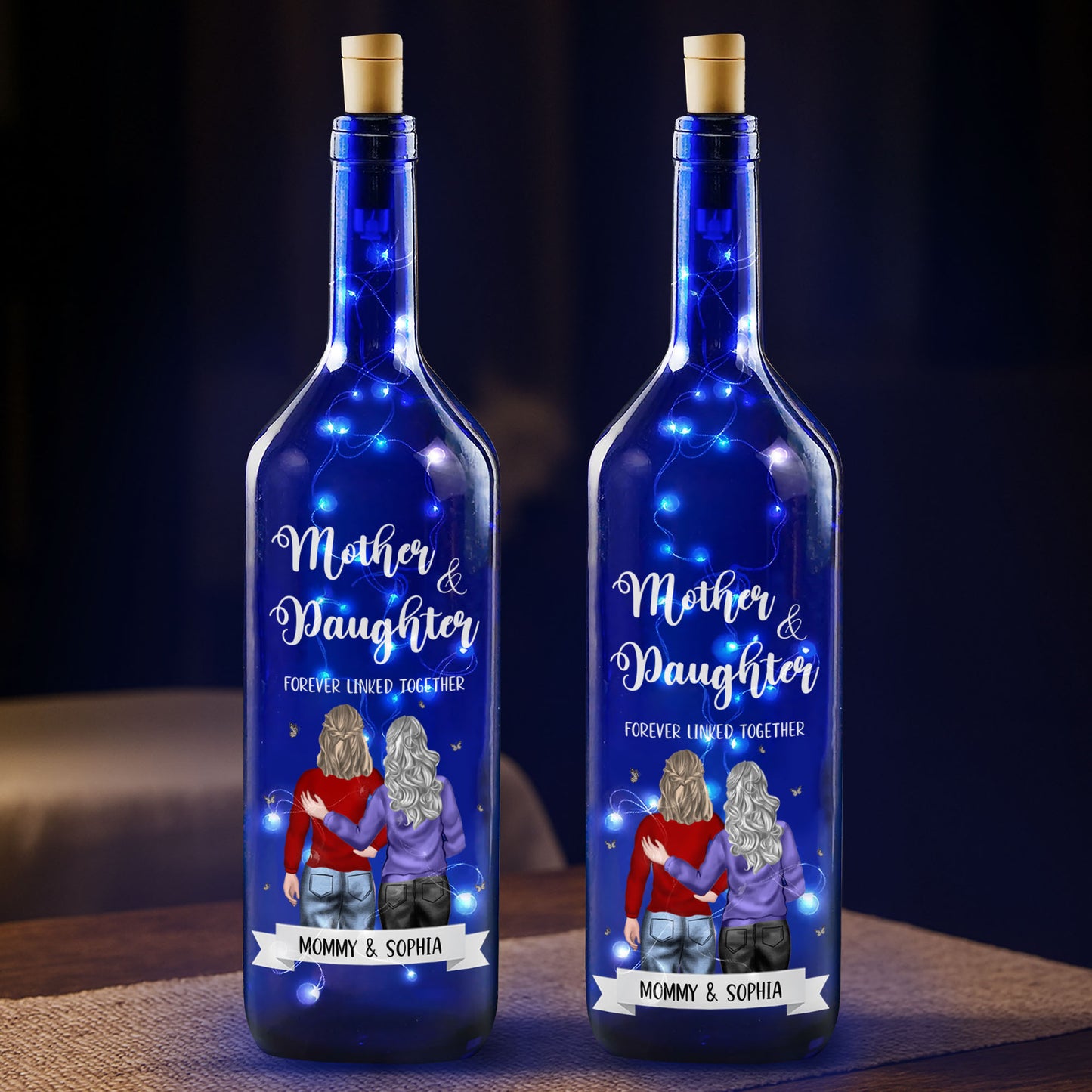 Mother & Daughter Forever Linked Together - Personalized Blue Bottle Lamp - DAU176_BBL