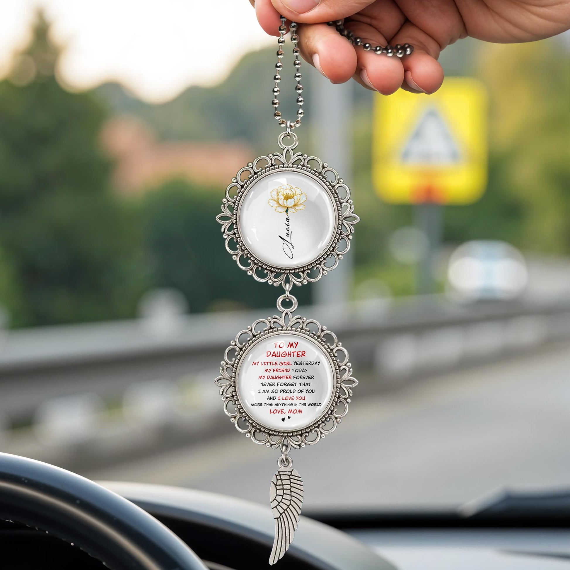 To My Daughter, Angel Wing Floral Design Pendant Charm