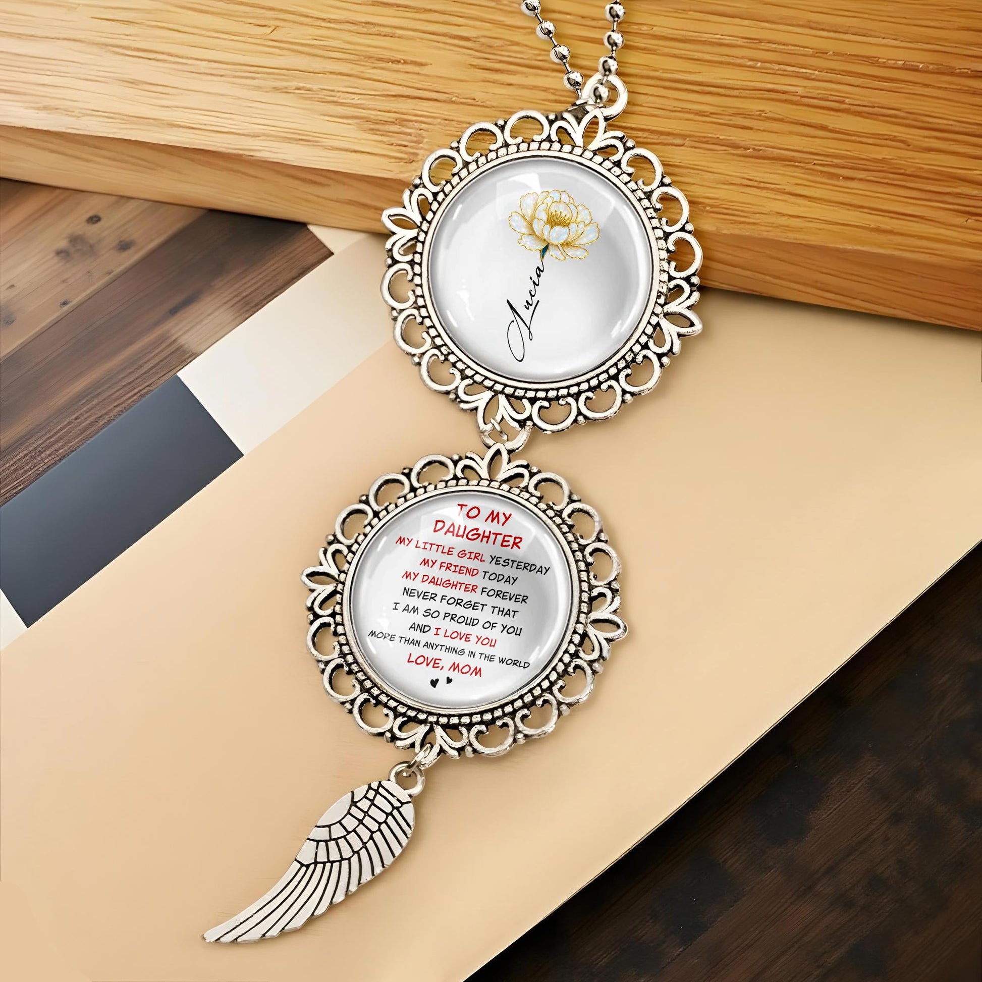 To My Daughter, Angel Wing Floral Design Pendant Charm