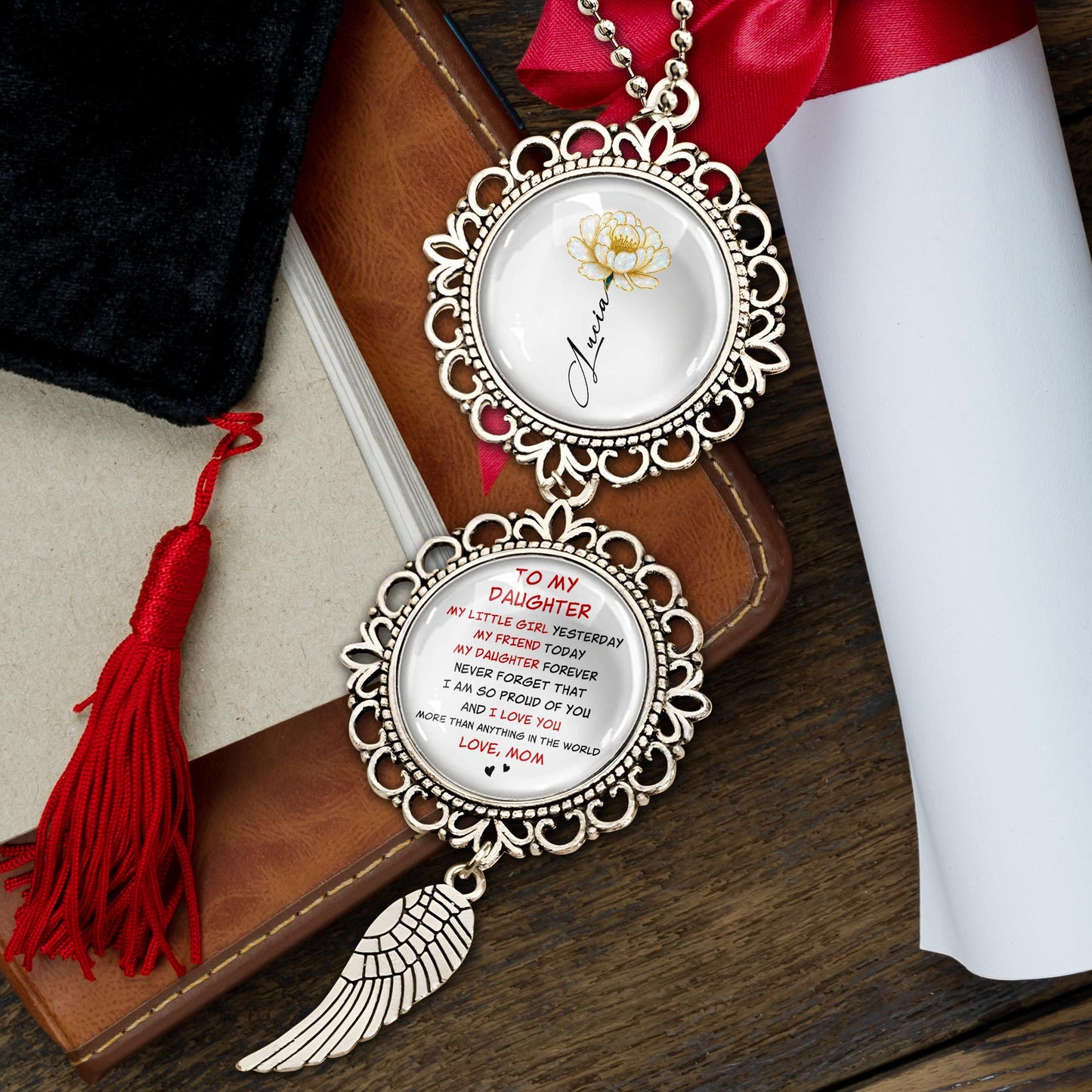 To My Daughter, Angel Wing Floral Design Pendant Charm