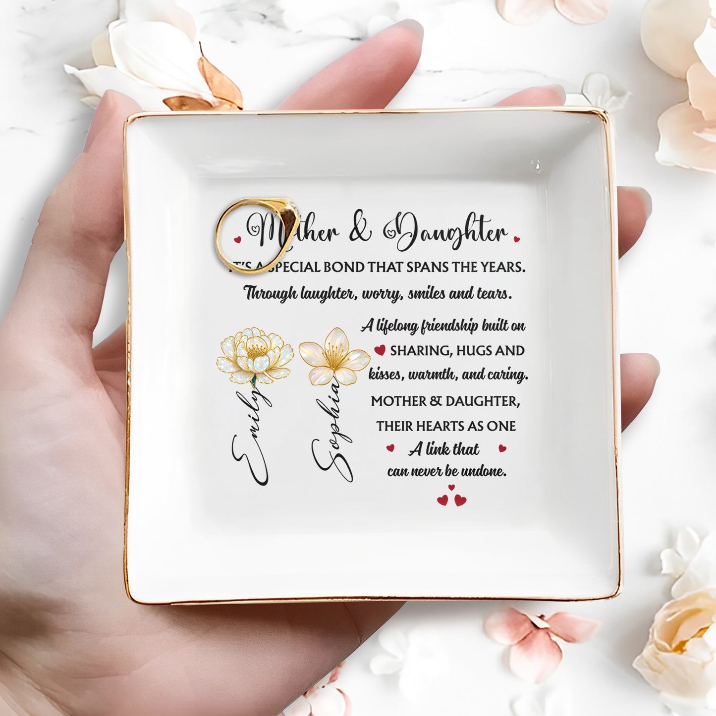 Mother & Daughter Special Bond With Flowers And Hearts - Personalized Custom Jewelry Dish, Square Ceramic Dish - DAU198_SCRD