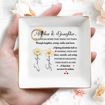 Mother & Daughter Special Bond With Flowers And Hearts - Personalized Custom Jewelry Dish, Square Ceramic Dish - DAU198_SCRD