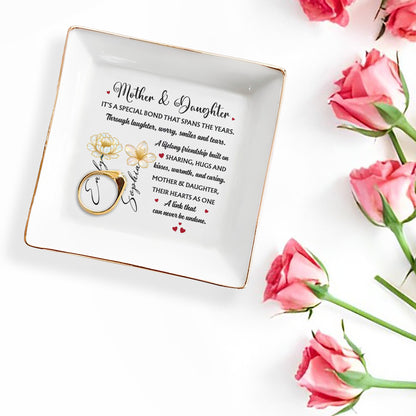 Mother & Daughter Special Bond With Flowers And Hearts - Personalized Custom Jewelry Dish, Square Ceramic Dish - DAU198_SCRD
