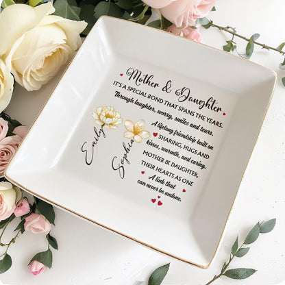 Mother & Daughter Special Bond With Flowers And Hearts - Personalized Custom Jewelry Dish, Square Ceramic Dish - DAU198_SCRD