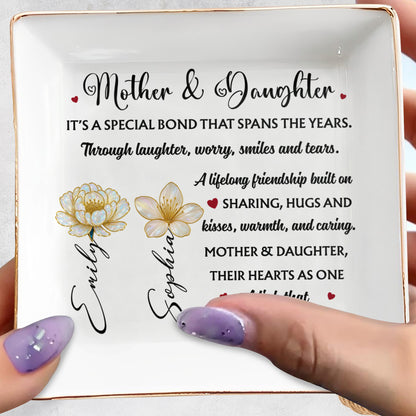 Mother & Daughter Special Bond With Flowers And Hearts - Personalized Custom Jewelry Dish, Square Ceramic Dish - DAU198_SCRD