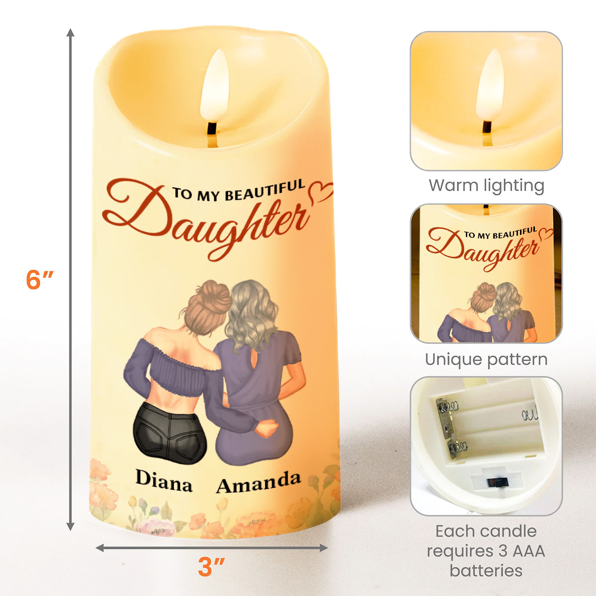 To My Beautiful Daughter, Love And Support, Flowers - Personalized Custom LED Candle - DAU222_LECA
