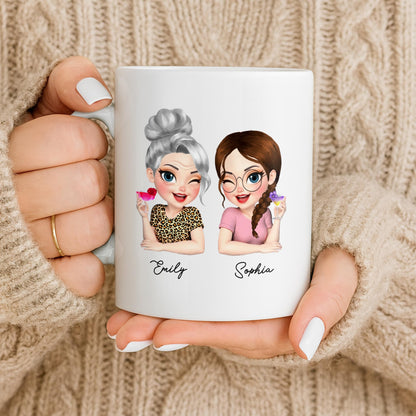 Custom Best Friends Caricature Coffee Mug With Flowers