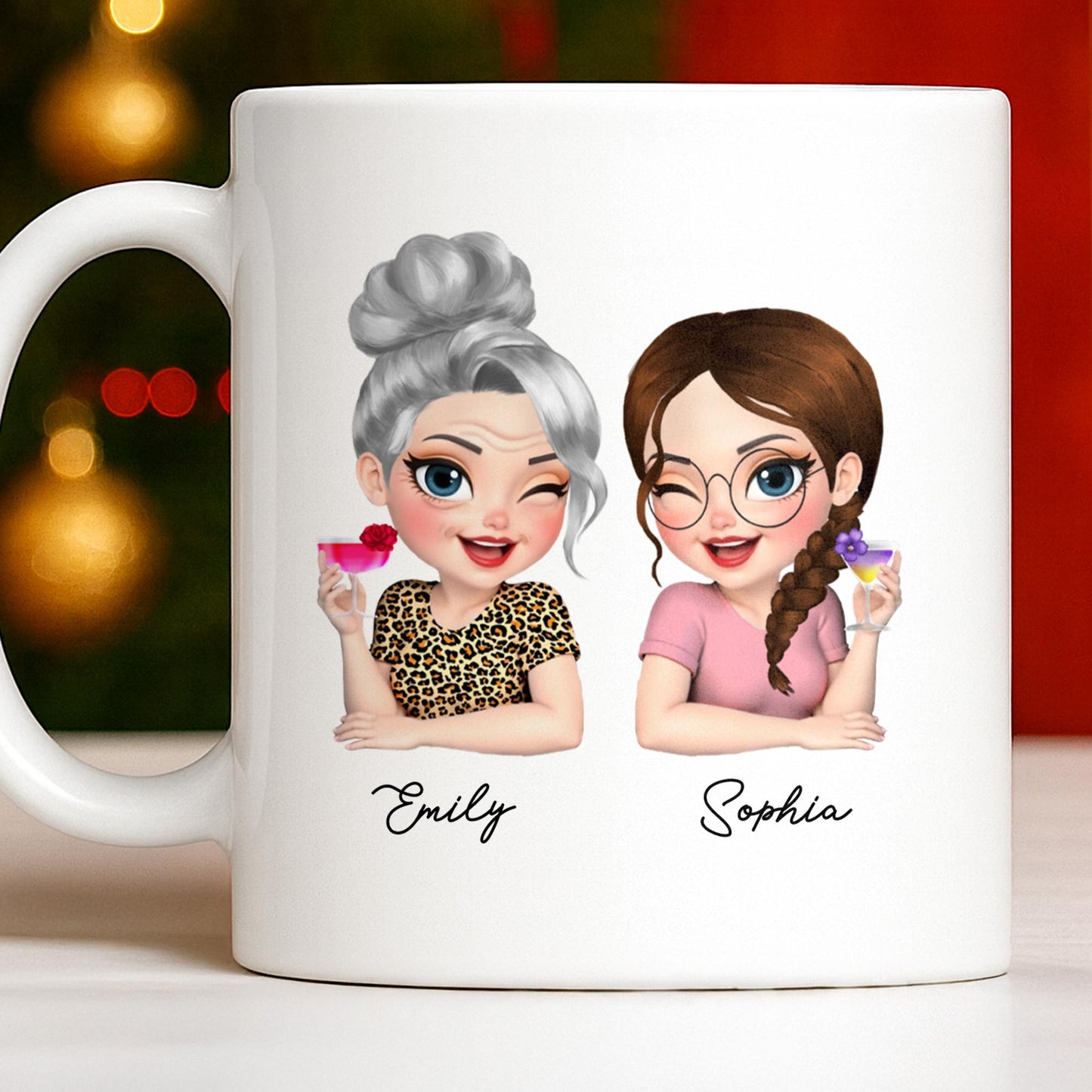 Custom Best Friends Caricature Coffee Mug With Flowers - Personalized Custom Coffee Mug - DAU248_MG
