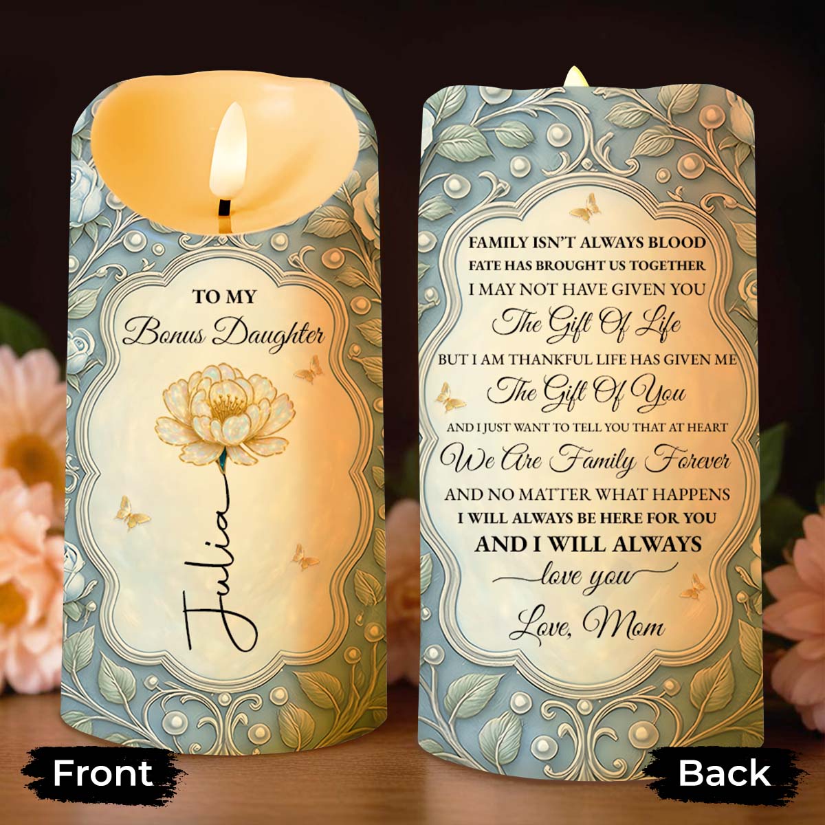 To My Bonus Daughter Flower Script Design Candle