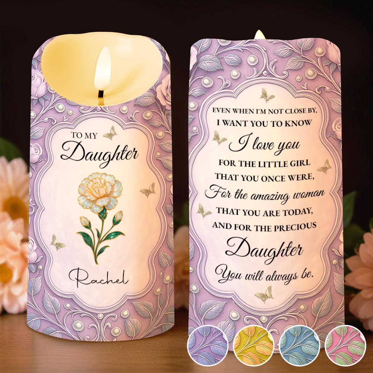 To My Daughter, Flowers And Butterflies Personalized Candle