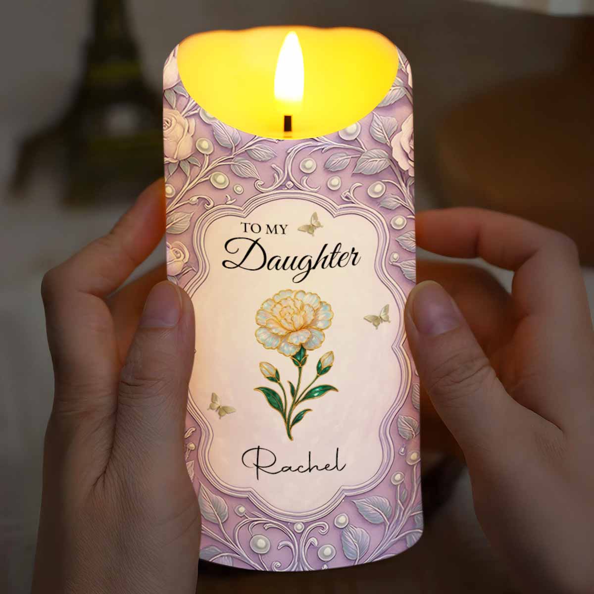 To My Daughter, Flowers And Butterflies Personalized Candle