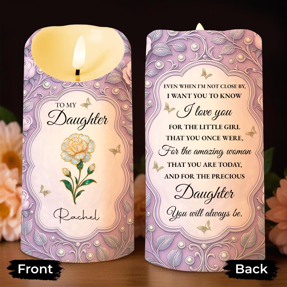 To My Daughter, Flowers And Butterflies Personalized Candle