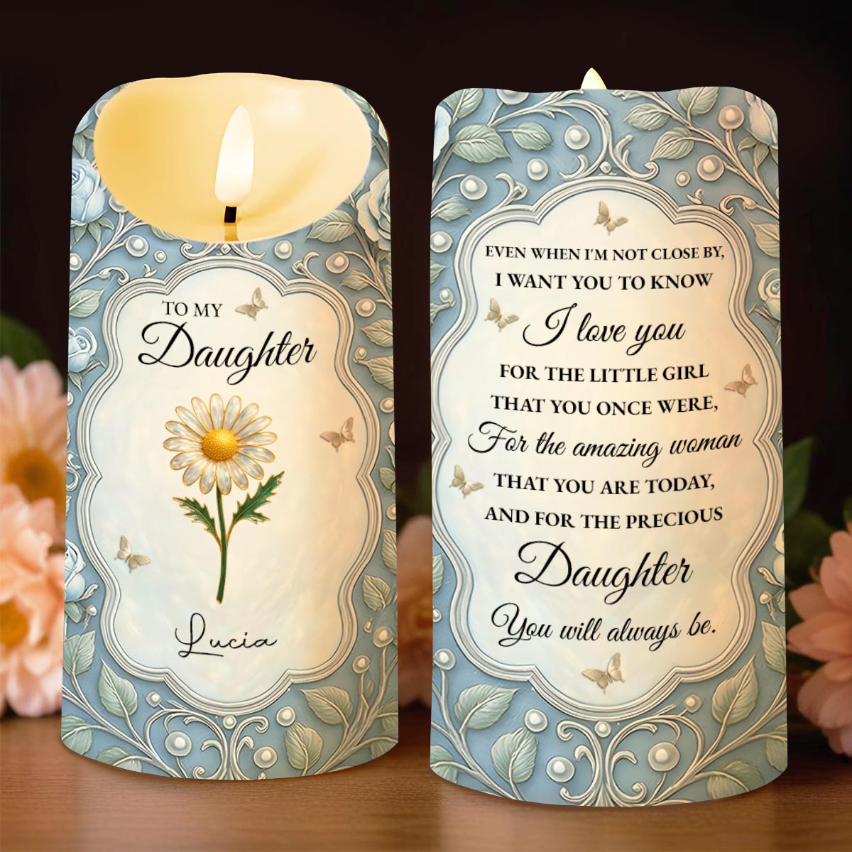To My Daughter, Flowers And Butterflies Personalized Candle
