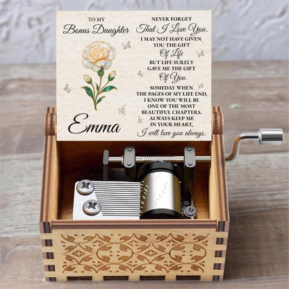 To My Bonus Daughter Love Message With Flower and Butterflies - Custom Music Box With "You Are My Sunshine" Tune - DAU265_MZB