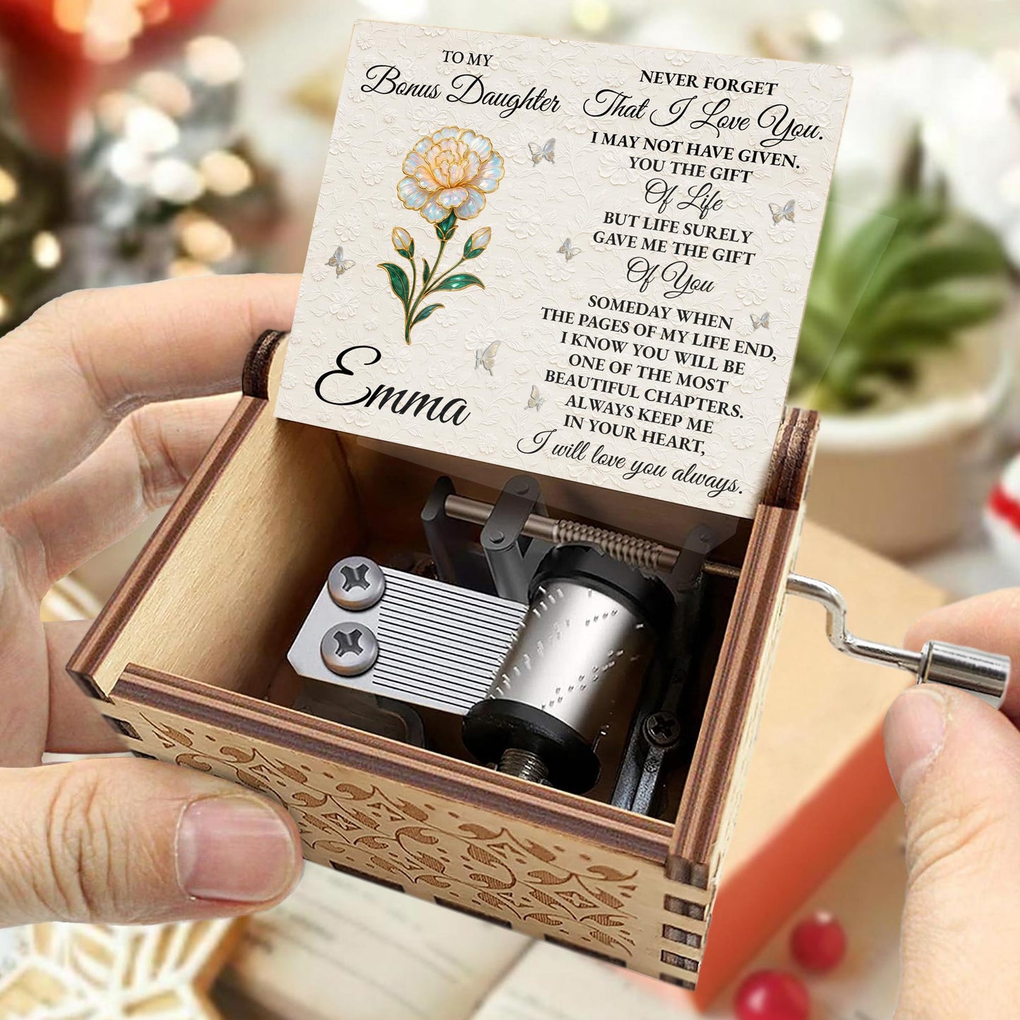 To My Bonus Daughter Love Message With Flower and Butterflies - Custom Music Box With "You Are My Sunshine" Tune - DAU265_MZB