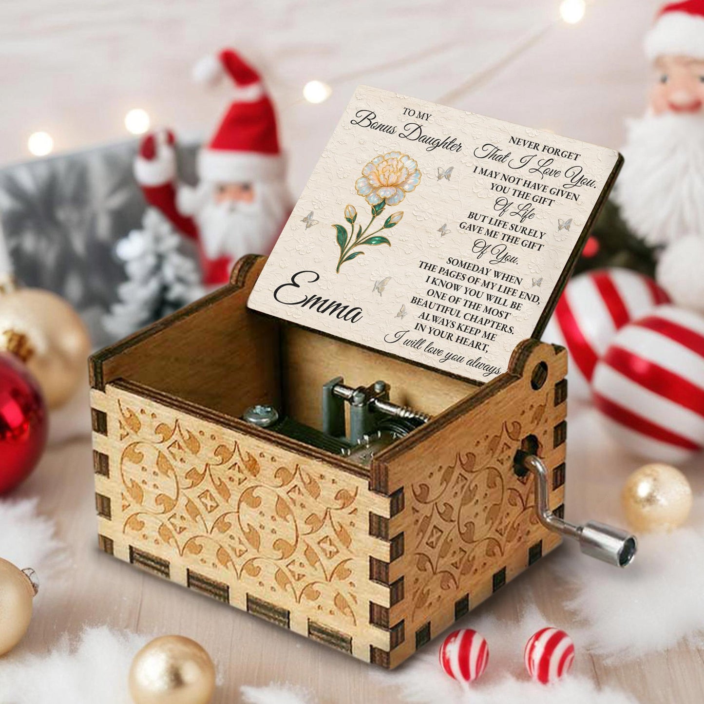 To My Bonus Daughter Love Message With Flower and Butterflies - Custom Music Box With "You Are My Sunshine" Tune - DAU265_MZB