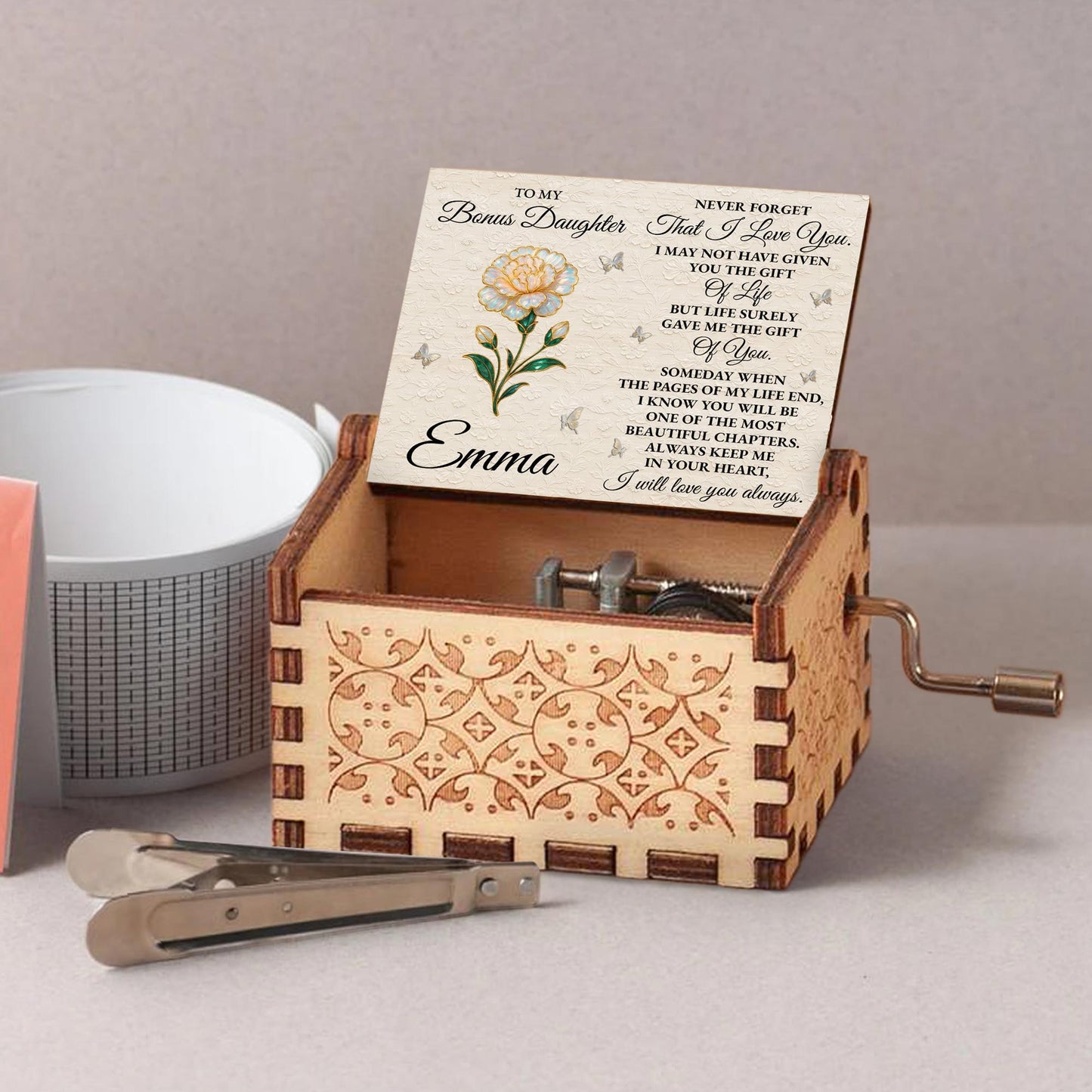To My Bonus Daughter Love Message With Flower and Butterflies - Custom Music Box With "You Are My Sunshine" Tune - DAU265_MZB