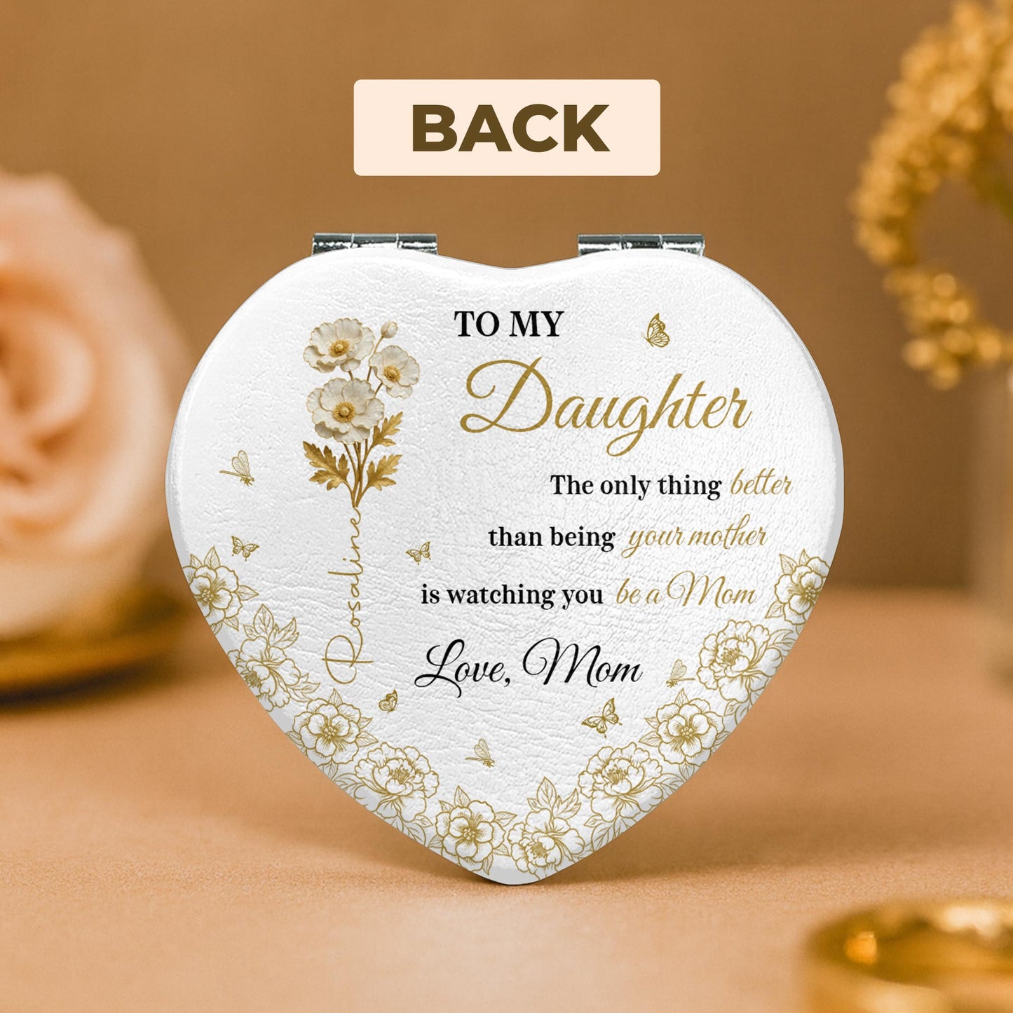 To My Daughter, Love From Mom, Butterflies And Flowers - Custom Heart Compact Mirror - DAU288_HCOM