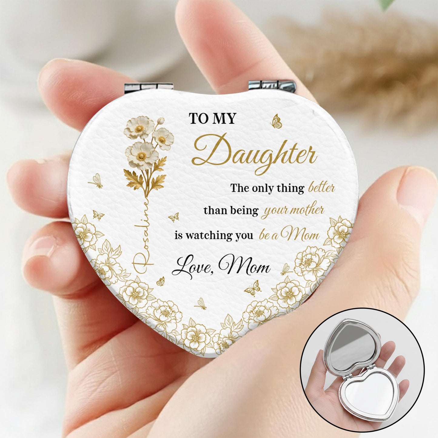 To My Daughter, Love From Mom, Butterflies And Flowers - Custom Heart Compact Mirror - DAU288_HCOM