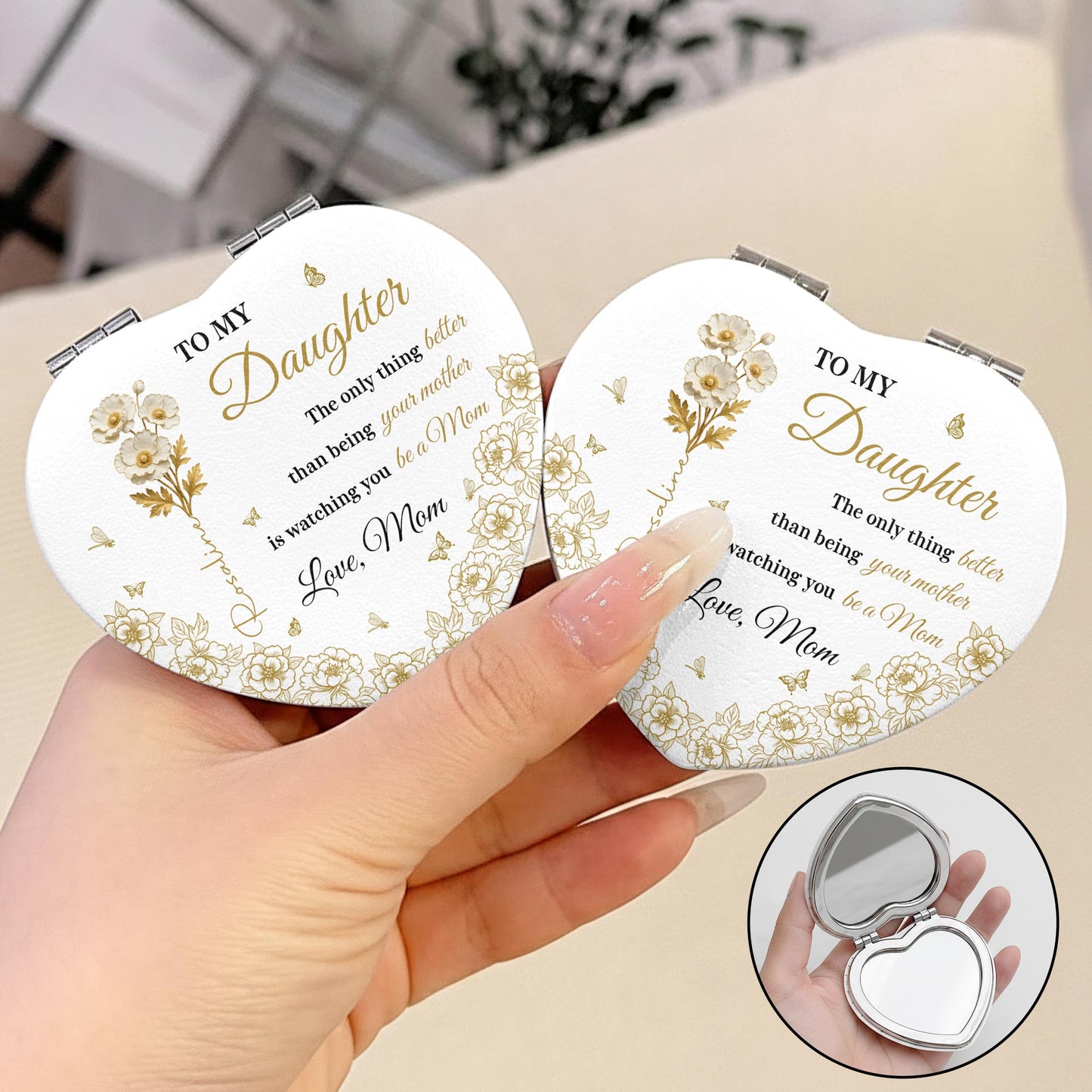 To My Daughter, Love From Mom, Butterflies And Flowers - Custom Heart Compact Mirror - DAU288_HCOM
