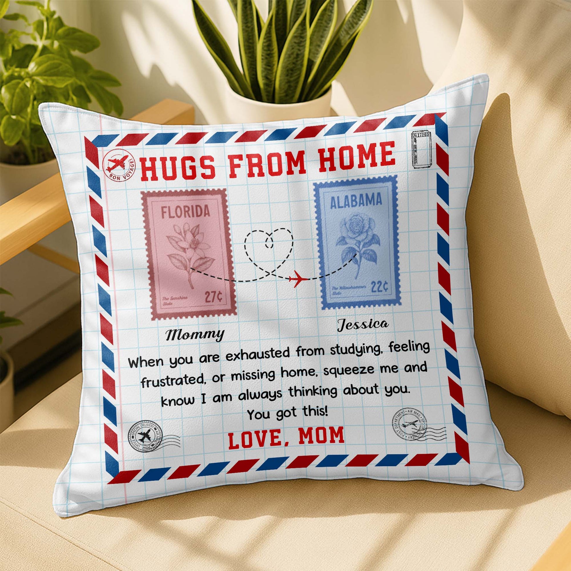 Hugs from Home, Love Message with Postage Stamps Design