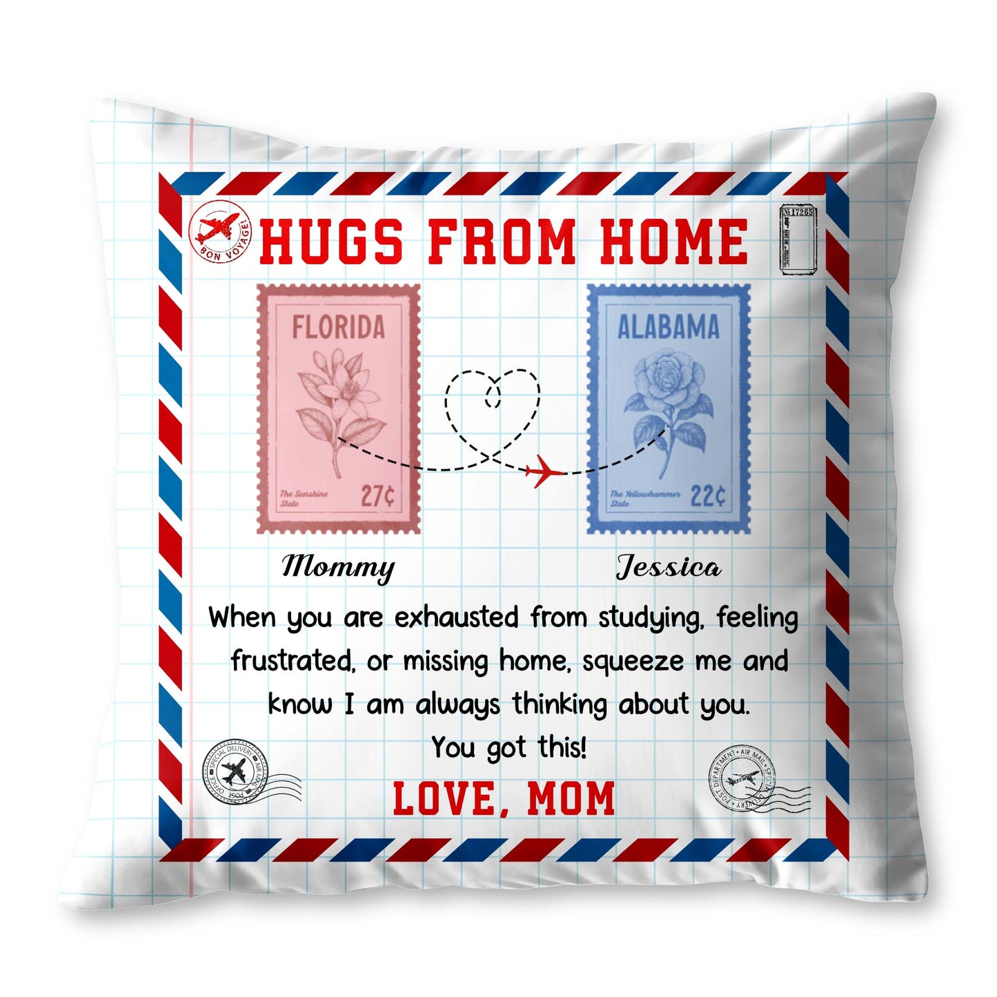 Hugs from Home, Love Message with Postage Stamps Design