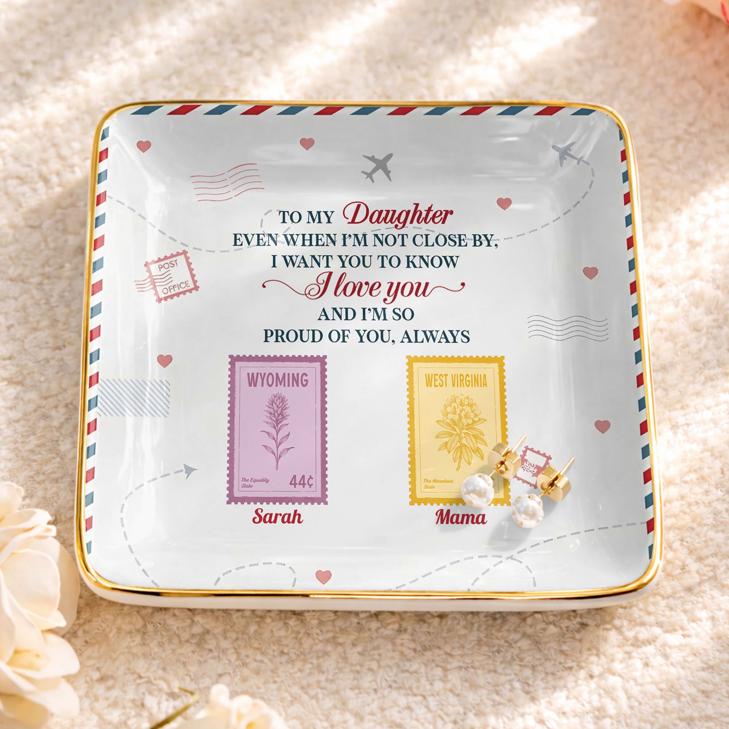 To My Daughter, Love And Pride Postage Stamps Design - Personalized Custom Jewelry Dish, Ceramic Dish, Square Shape - DAU297_SCRF