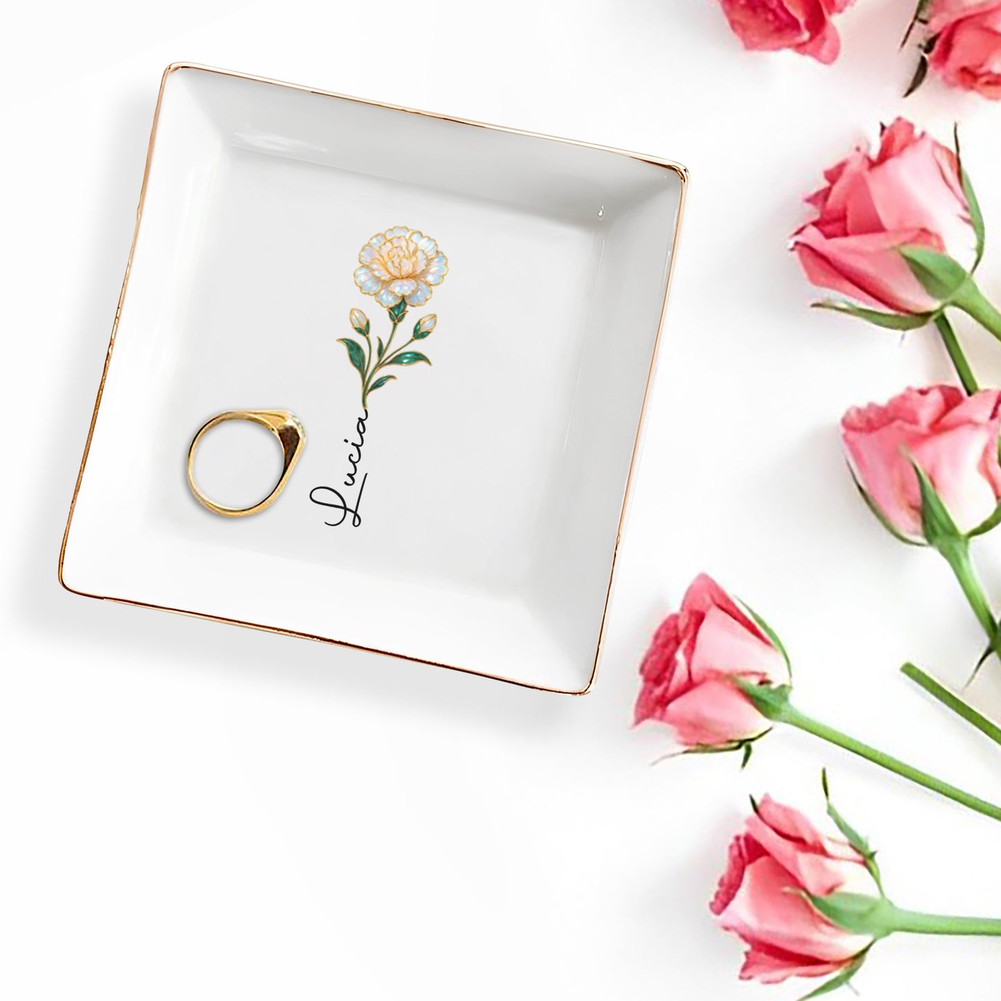 Elegant Square Ceramic Dish With Single Flower Design