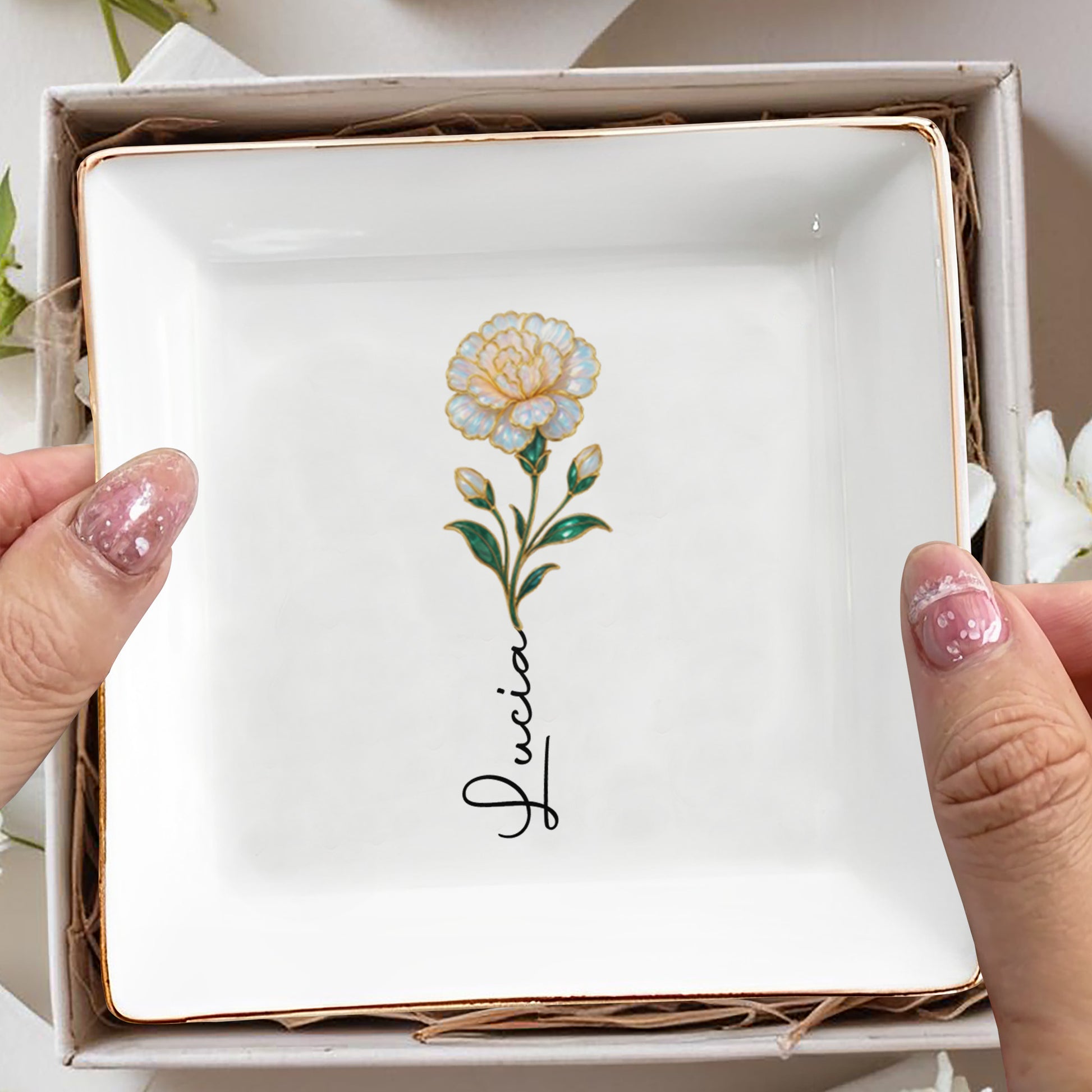 Elegant Square Ceramic Dish With Single Flower Design
