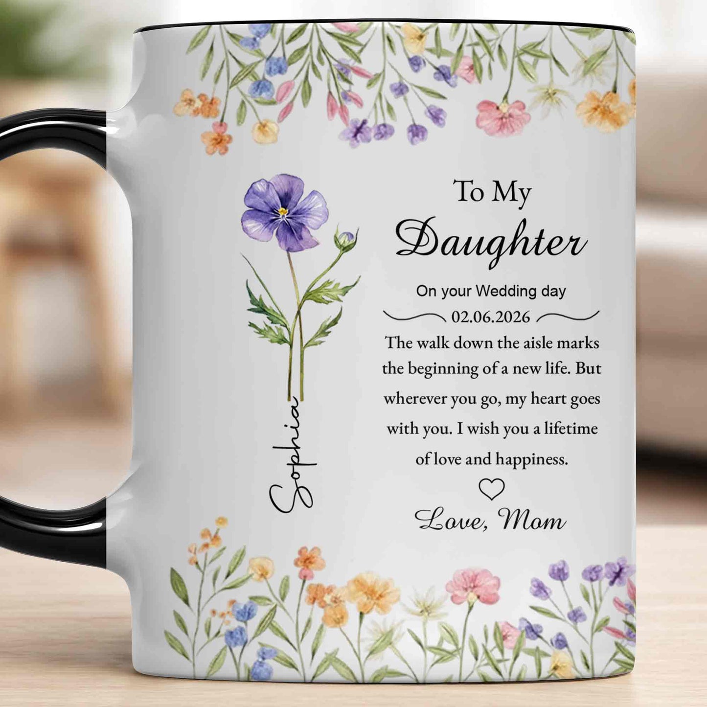 To My Daughter On Your Wedding Day Purple Flower Heart Design - Personalized Custom Accent Mug - DAU322_AMUG