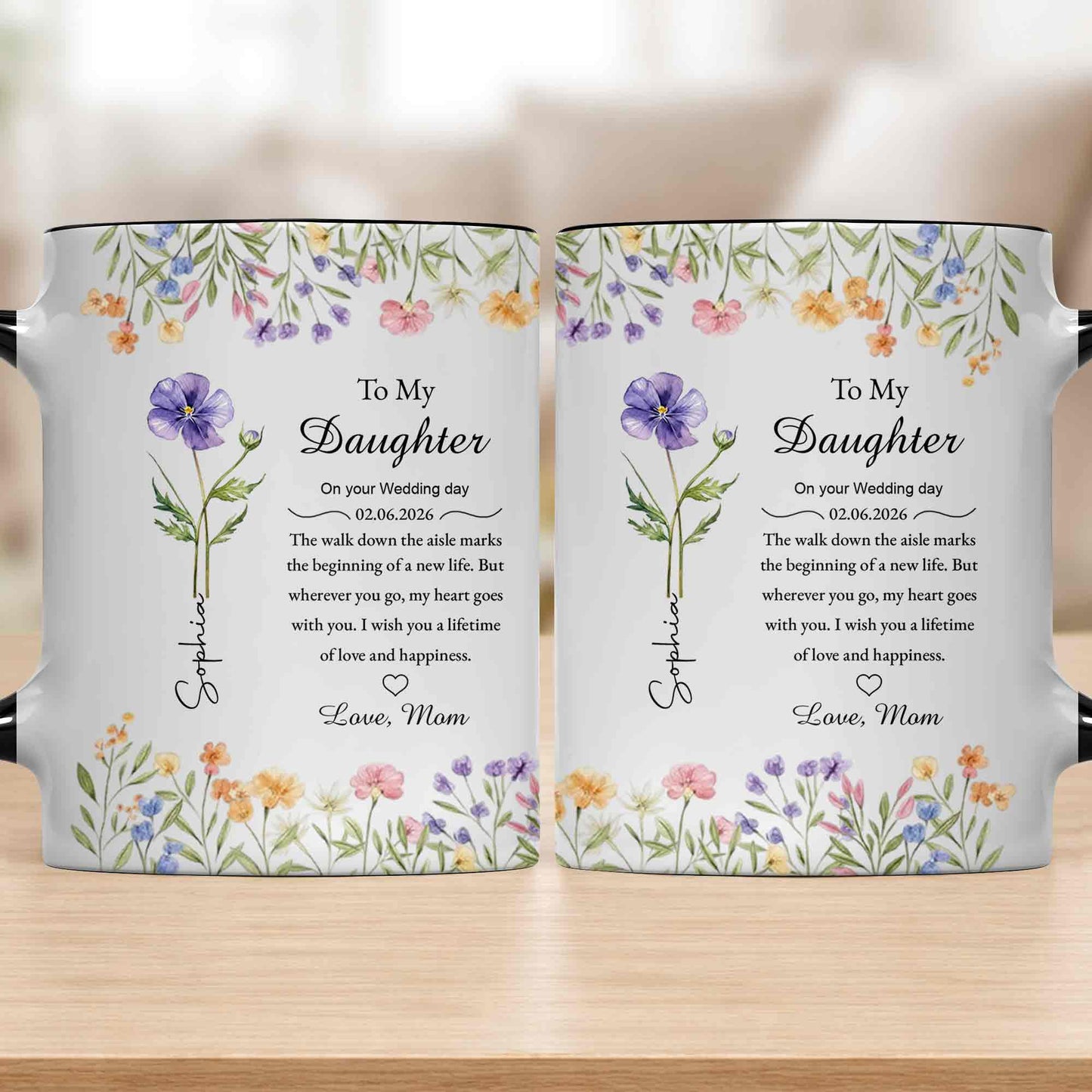 To My Daughter On Your Wedding Day Purple Flower Heart Design - Personalized Custom Accent Mug - DAU322_AMUG