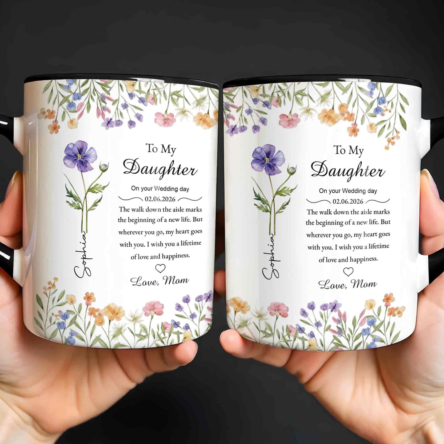 To My Daughter On Your Wedding Day Purple Flower Heart Design - Personalized Custom Accent Mug - DAU322_AMUG