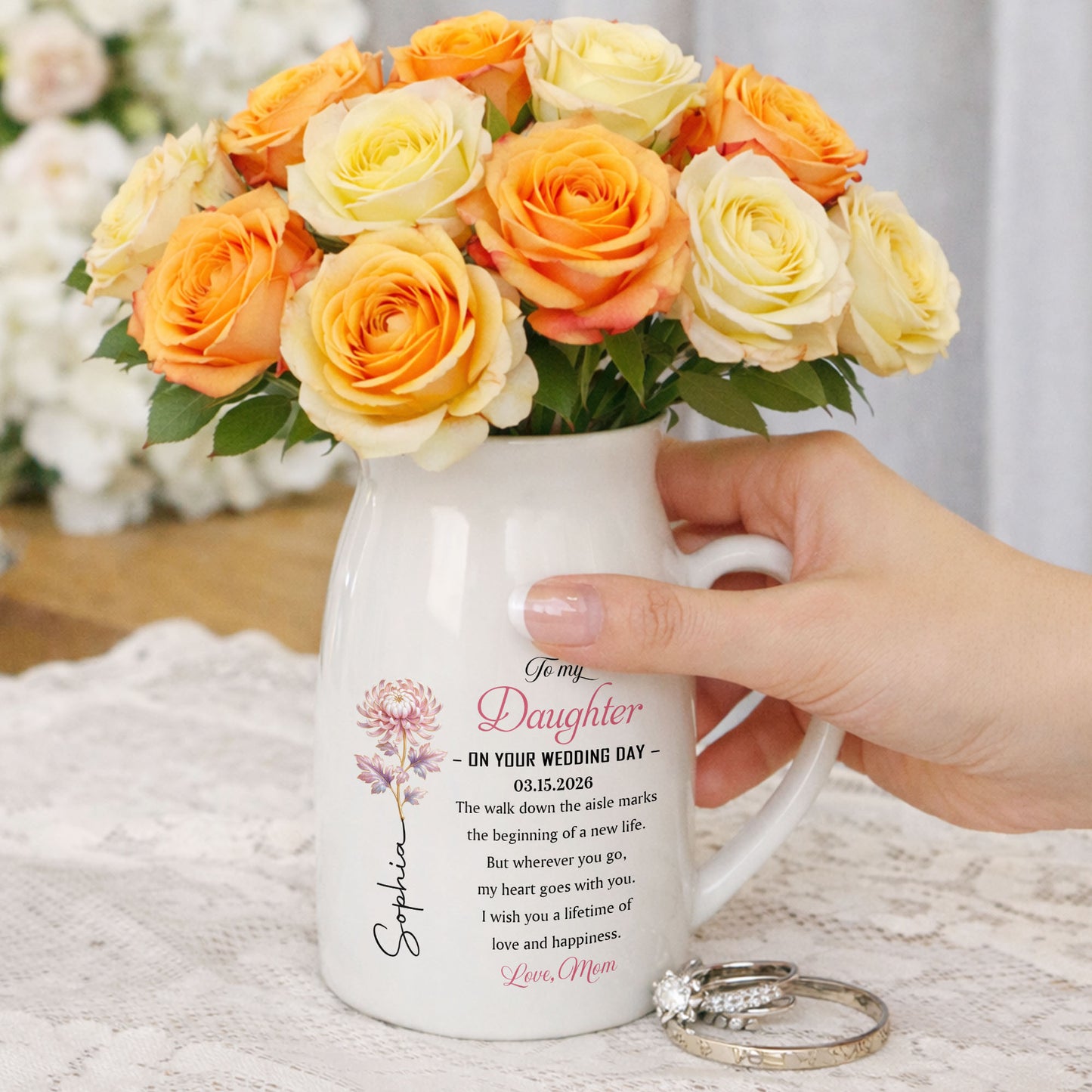 To My Daughter On Your Wedding Day Birth Month Flower - Personalized Ceramic Flower Vase - DAU354_CEV