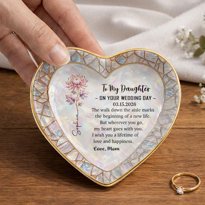 To My Daughter On Your Wedding Day Flower Heart Jewelry Dish - Personalized Custom Jewelry Dish, Ceramic Dish, Heart Shape - DAU354_HCRF