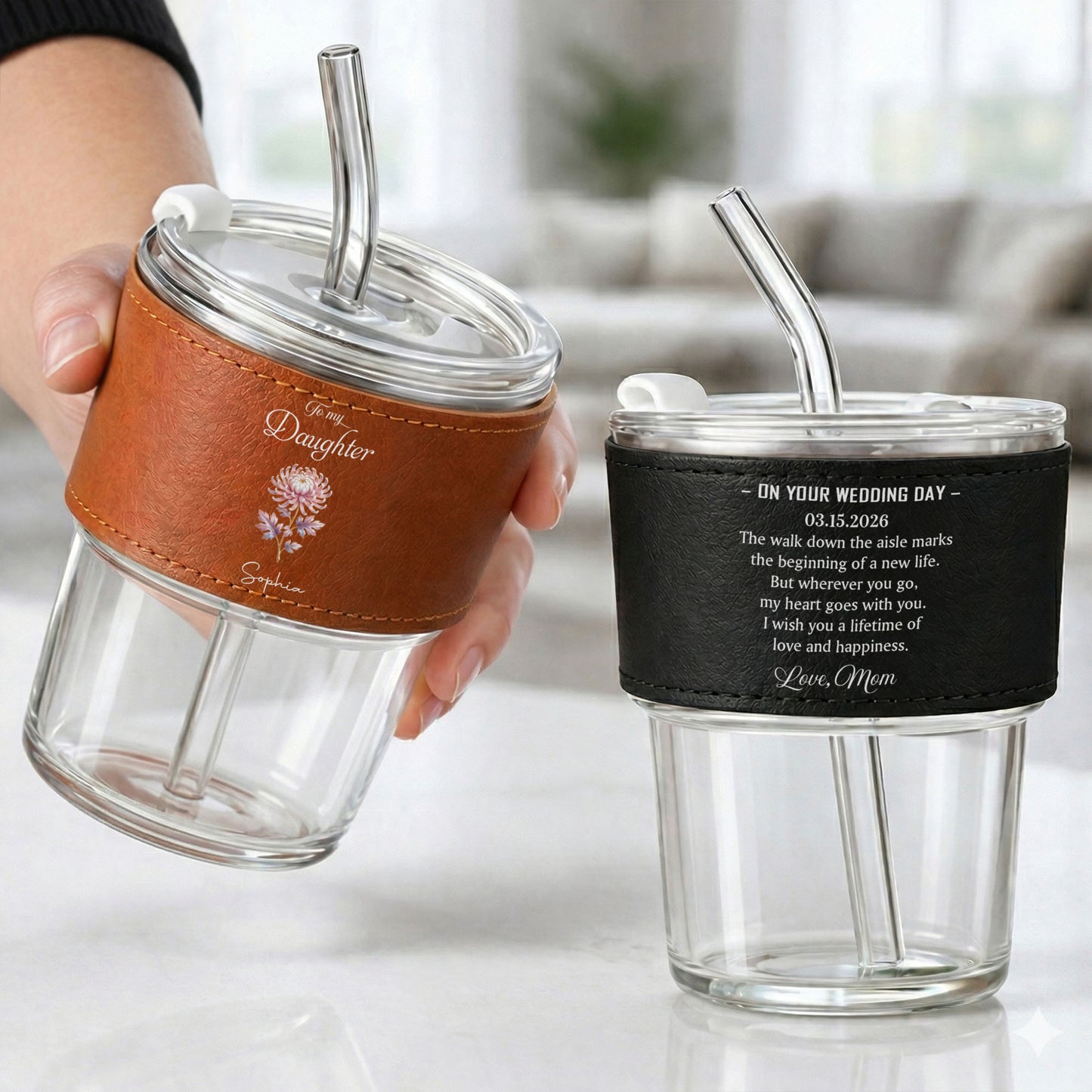 To My Daughter On Your Wedding Day Custom Flower Leather Sleeve - Personalized Custom Leather Glass Cup - DAU354_LGCUP