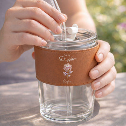To My Daughter On Your Wedding Day Custom Flower Leather Sleeve - Personalized Custom Leather Glass Cup - DAU354_LGCUP