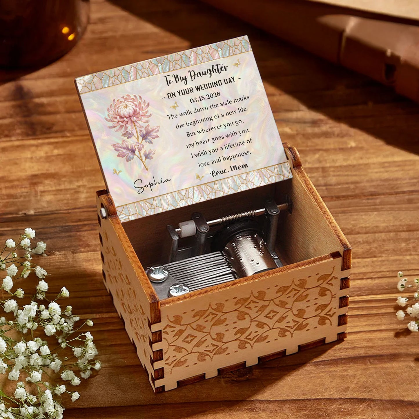 To My Daughter On Your Wedding Day Birth Month Flower Mosaic - Custom Music Box With "You Are My Sunshine" Tune - DAU354_MZB