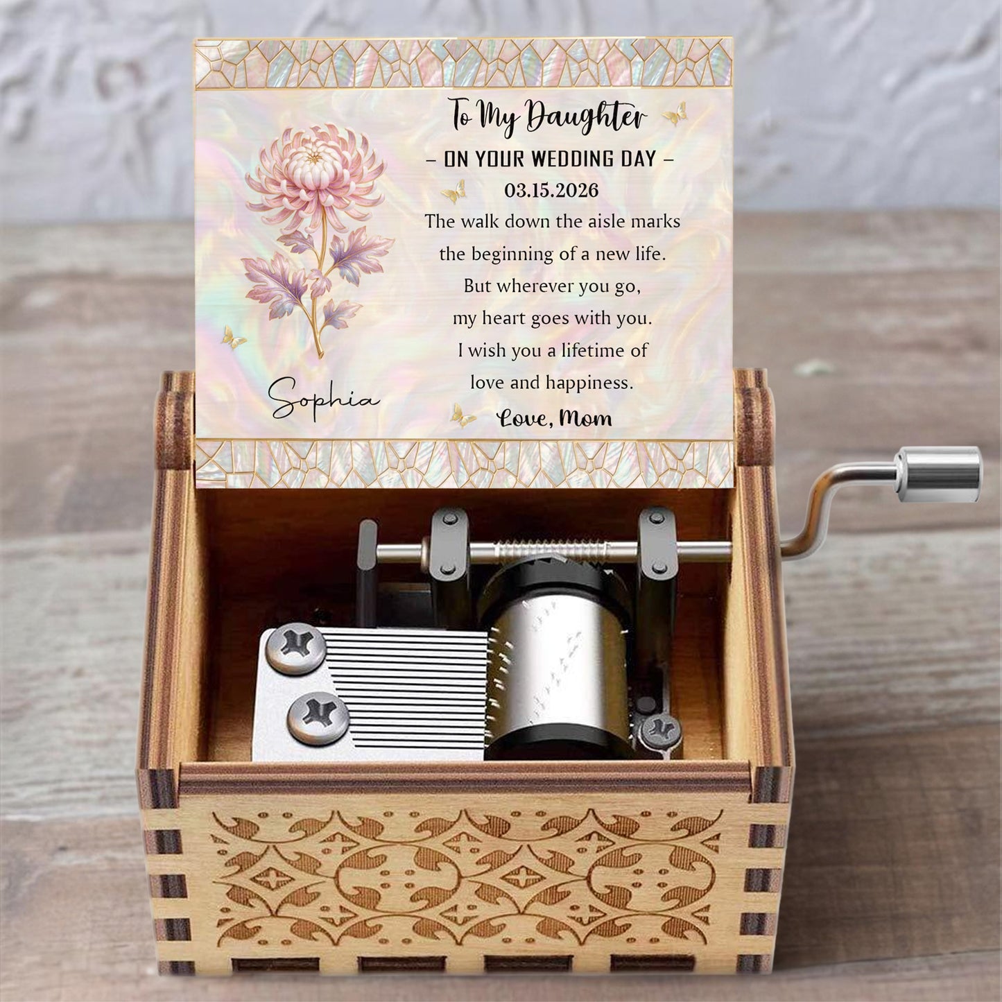 To My Daughter On Your Wedding Day Birth Month Flower Mosaic - Custom Music Box With "You Are My Sunshine" Tune - DAU354_MZB